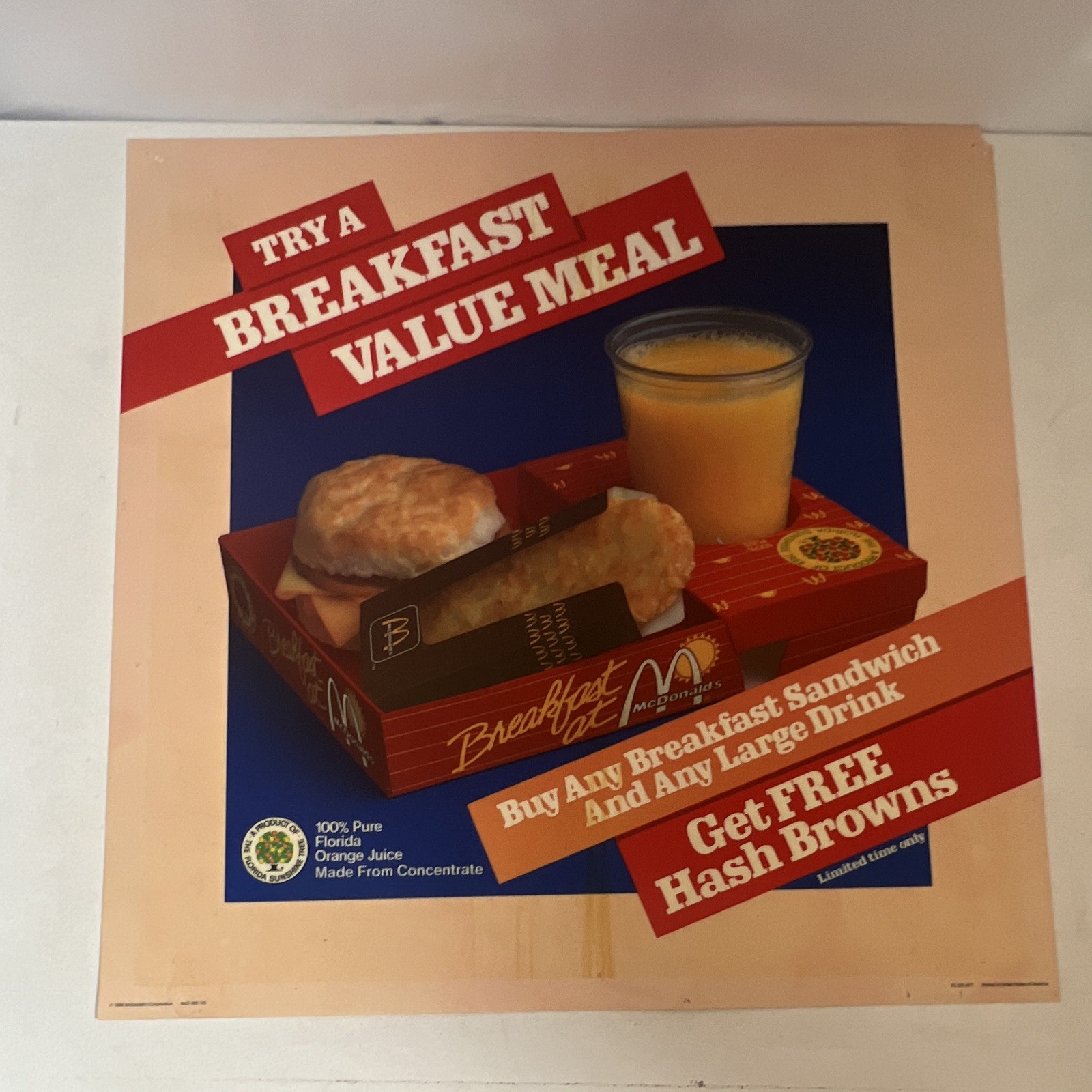 Vintage McDonalds Breakfast Value Meal Free Hash Browns 14” Menu Translite Sign