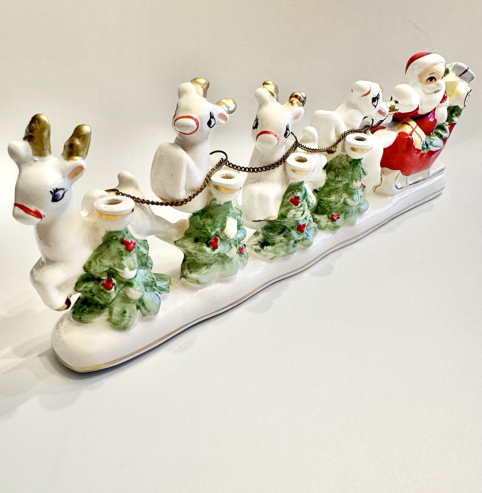 Vintage Santa Sleigh, Reindeer Christmas Tree Candle Holders