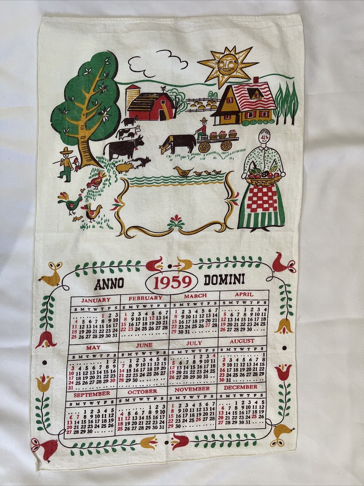 1959 Vintage Kitchen Tea Towel Calendar Farm Scene Granny Core Farmhouse Country