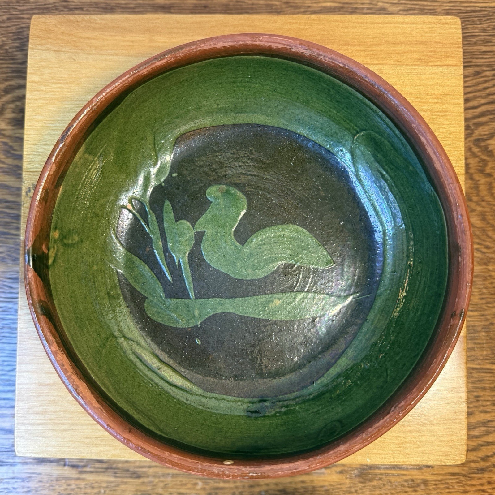 Vintage Patamban Michoacan Green Bowl Redware Pottery Mexico Folk Art