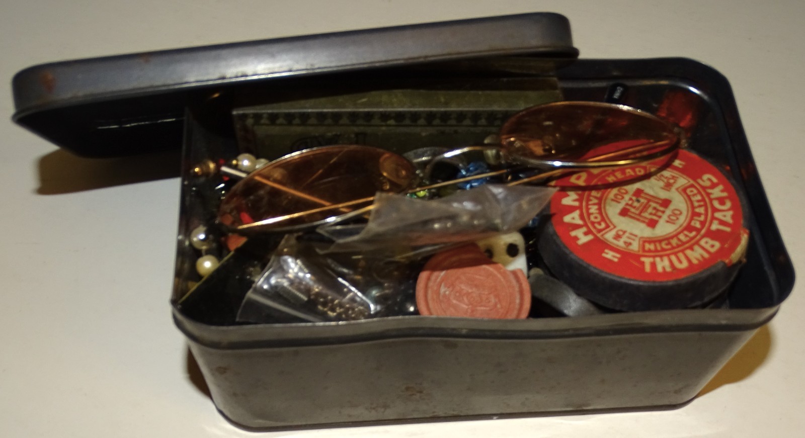 Old Cigarette Tin filled with broken jewelry and junk (from an estate sale)
