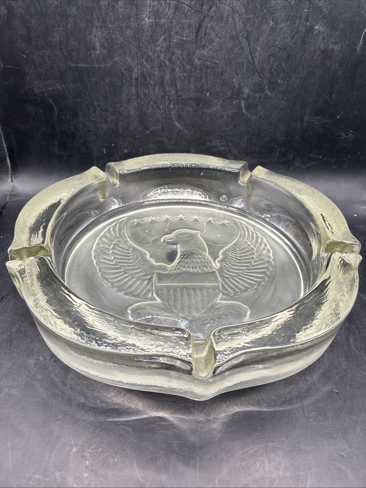 Vintage Clear Glass Eagle Ashtray 10” Patriotic Federal Style – Never Used