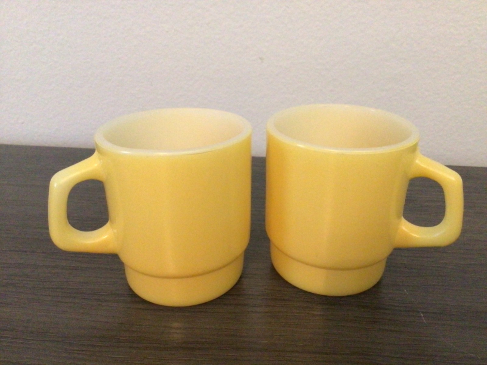 Anchor Hocking Stacking Mug Cup (2) Yellow D-Handle Milk Glass 8oz Fire-King Vtg