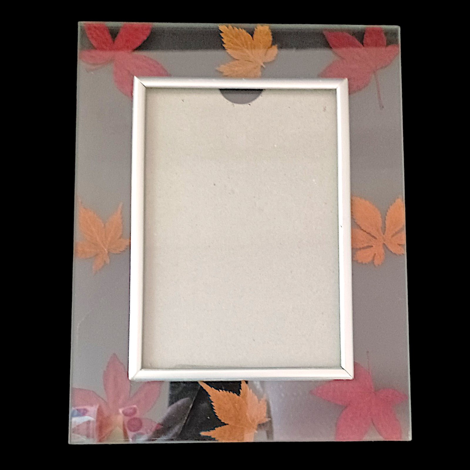 Vintage Pressed Maple Leaf Glass Picture Frame Autumn Fall Red Orange Botanical