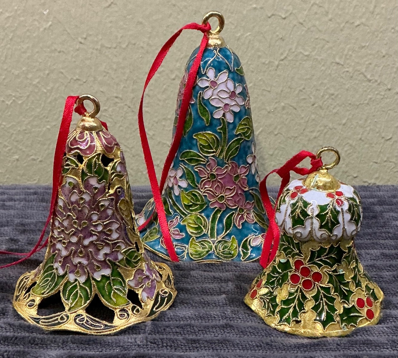 3pc Vtg Cloisonné Enamel Christmas Bell Ornaments Lot Norton Museum Art Gold