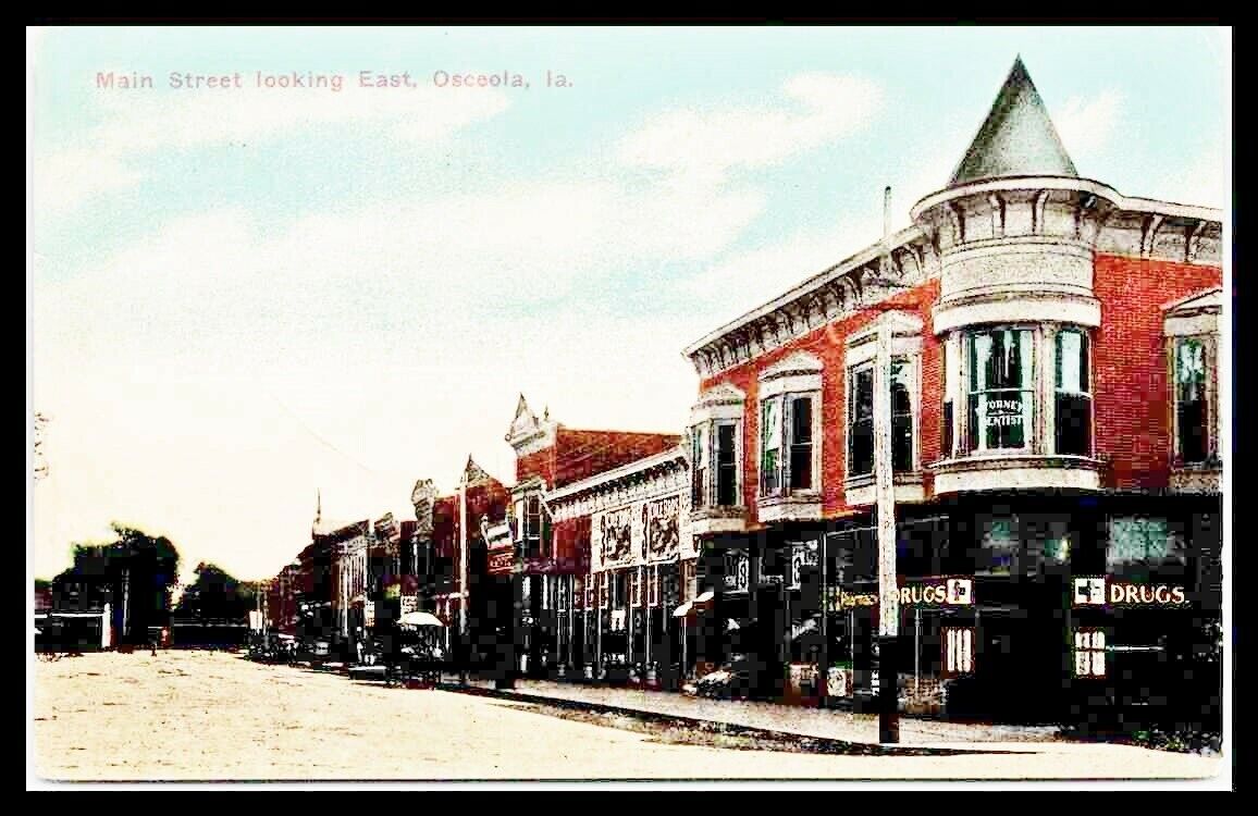 Postcard Main Street Osceola Iowa View Vintage Scene Drug Store Unused