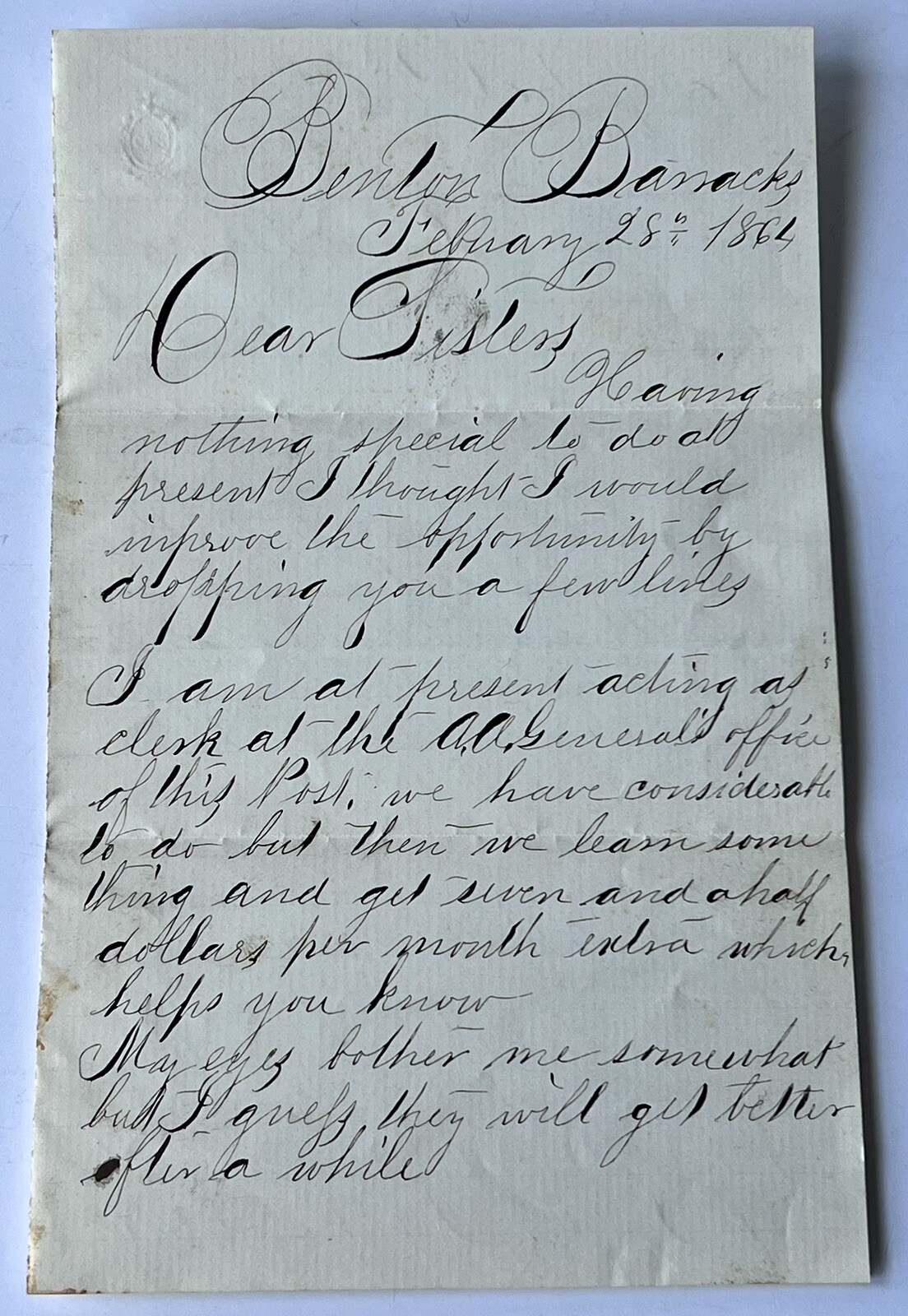 civil War letter from Benton barracks February 28 1864 Charles Goodale To Sister