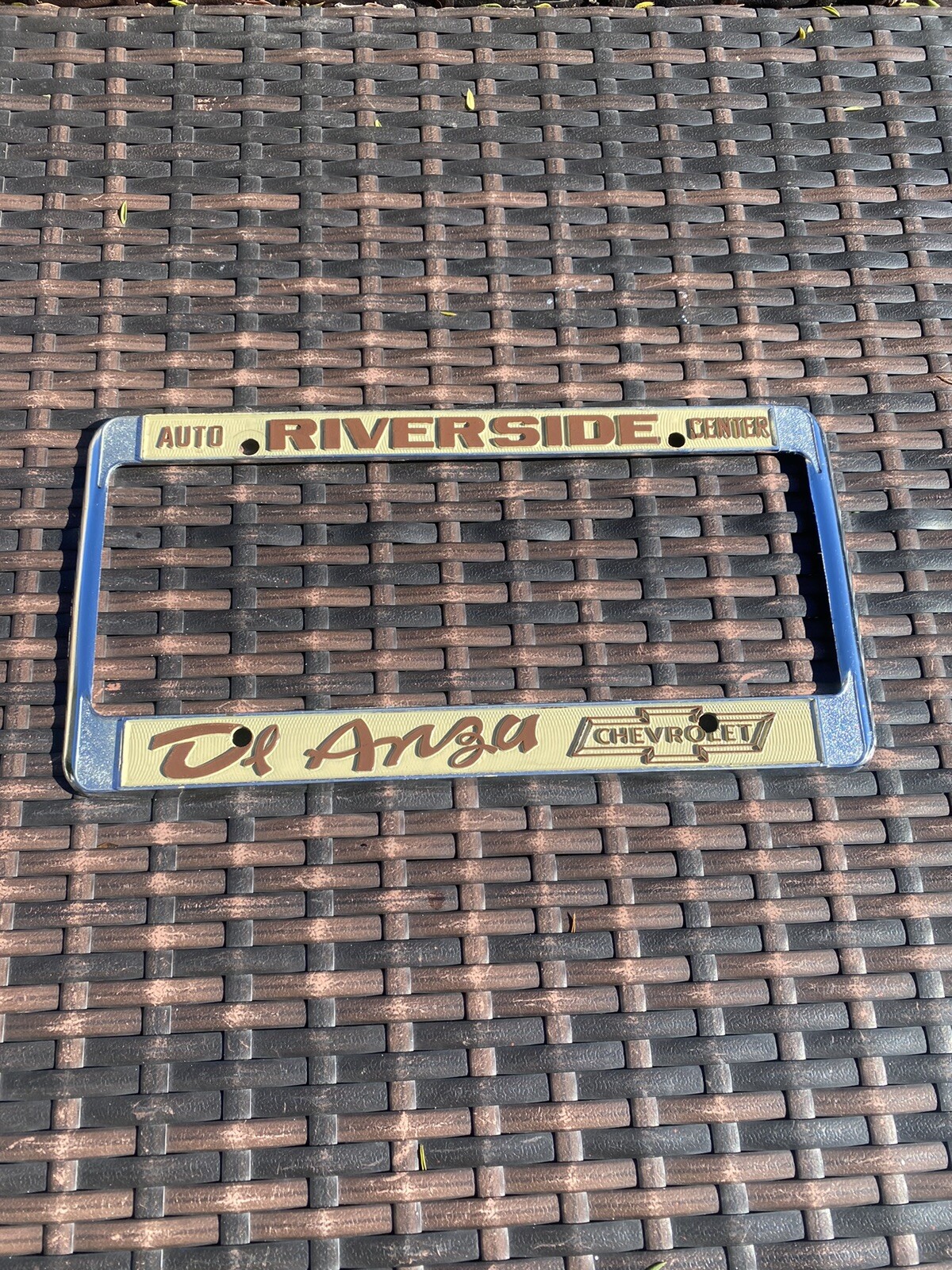 Original vintage  Riverside Chevrolet Dealer De Anza License Plate Frame 1980s 