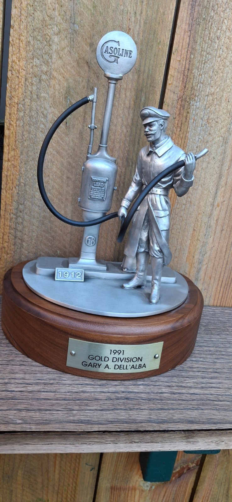 Vintage 1912 Gas Station Attendant & Gasoline Pump Pewter Sculpture