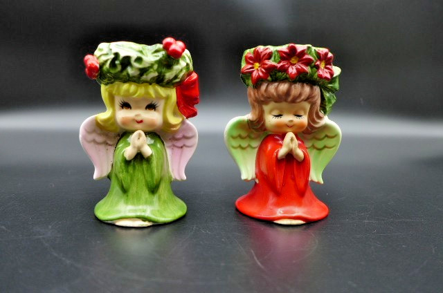 Vintage 1950\'s Red & Green Lefton Praying Christmas Angels Candle Holder Set Vintage 1950\'s Red & Green Lefton Praying Christmas Angels Candle Holder Set