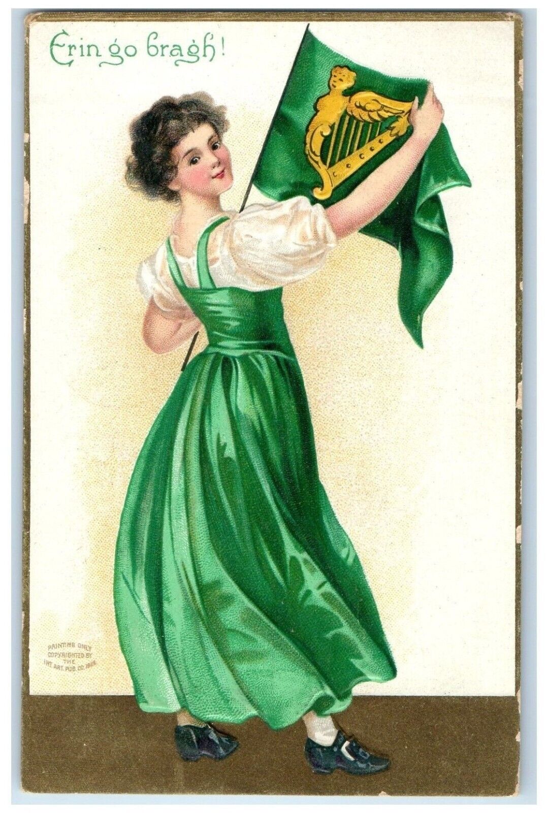 1909 St. Patrick's Day Woman With Flag Bozeman VT Clapsaddle Embossed Postcard
