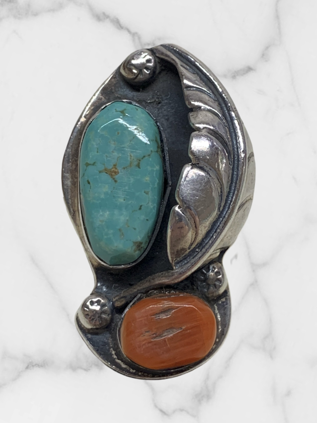 Native American Navajo Sterling Silver Turquoise Coral Ring
