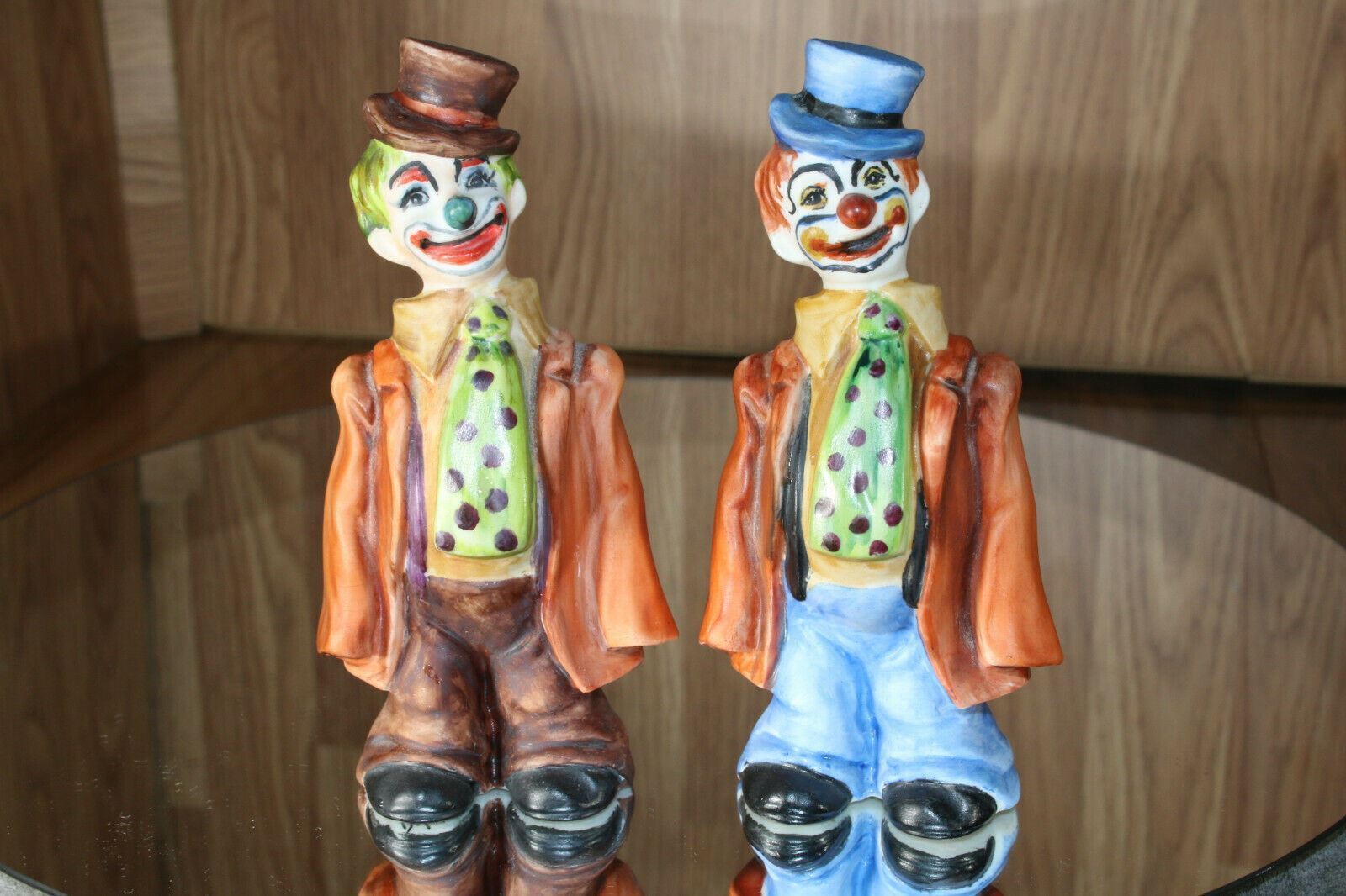 Vintage 1970s Hand Painted Ceramic Clown Figurines Set of 2 signed 