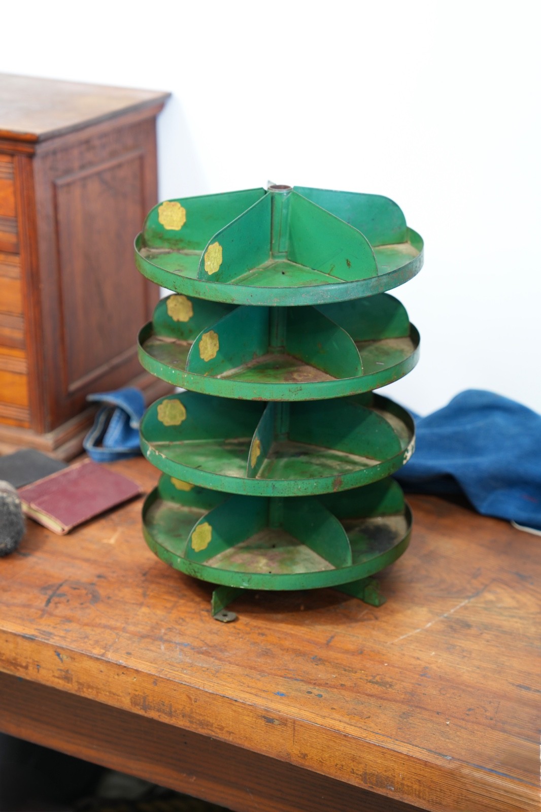 Antique Rotating Store Counter Display Rack Jewelry Stand Vintage Green