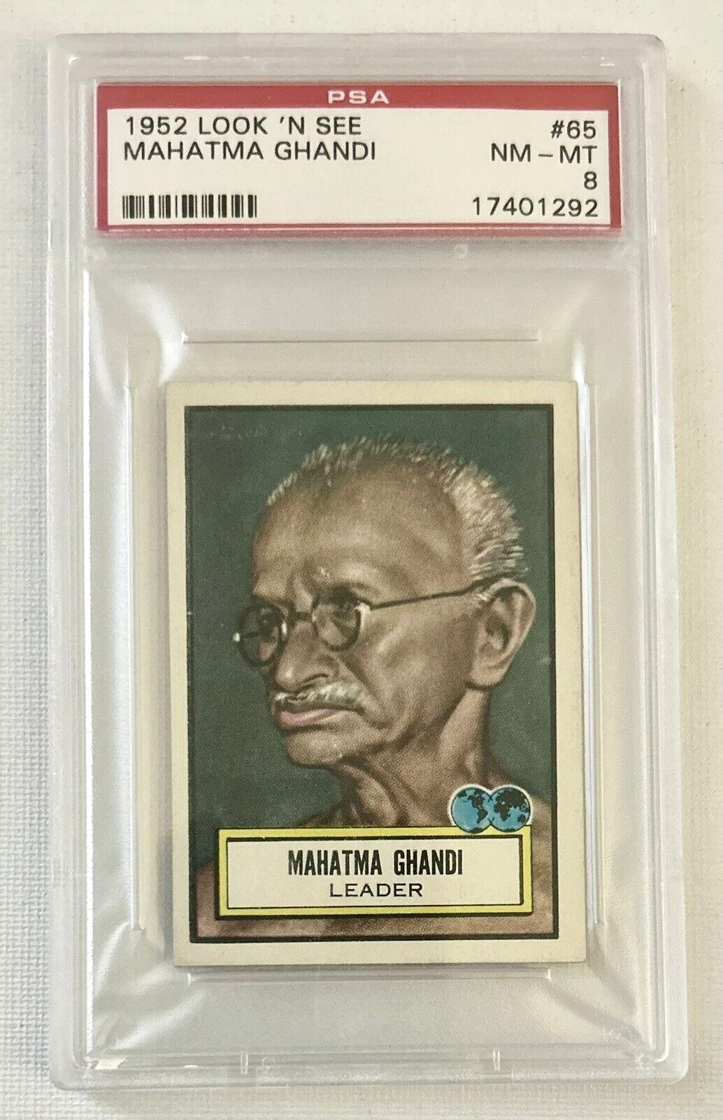 MAHATMA GHANDI 1952 TOPPS LOOK 'N SEE CARD #65 PSA 8 NEAR MINT/MINT LEADER INDIA