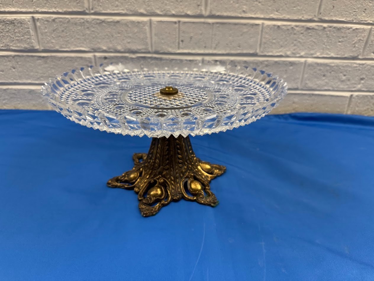 Large Vintage Crystal Cut Glass Pedestal Cake Candy Dish W/ Brass Metal Base