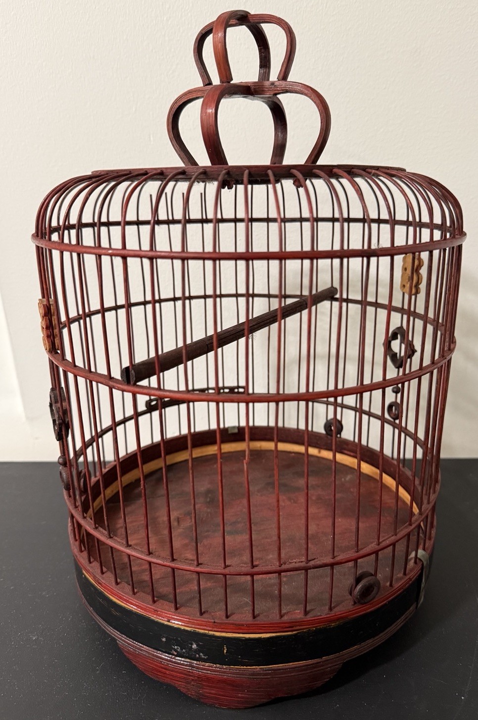 Vintage Chinese Bamboo Songbird Cage Red Lacquer Asian Decor Round Handcrafted