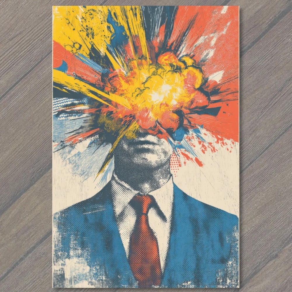 POSTCARD Exploding Head Man Suit Red Tie Abstract Pop Colorful Explosion Burst