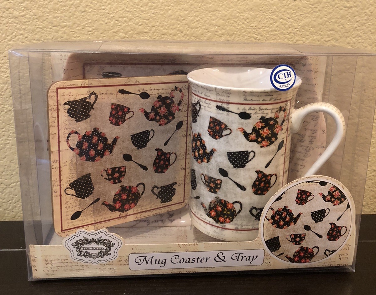 New Kent Pottery 3 Piece Set -Mug, Coaster & Tray Floral Tea Party Pattern