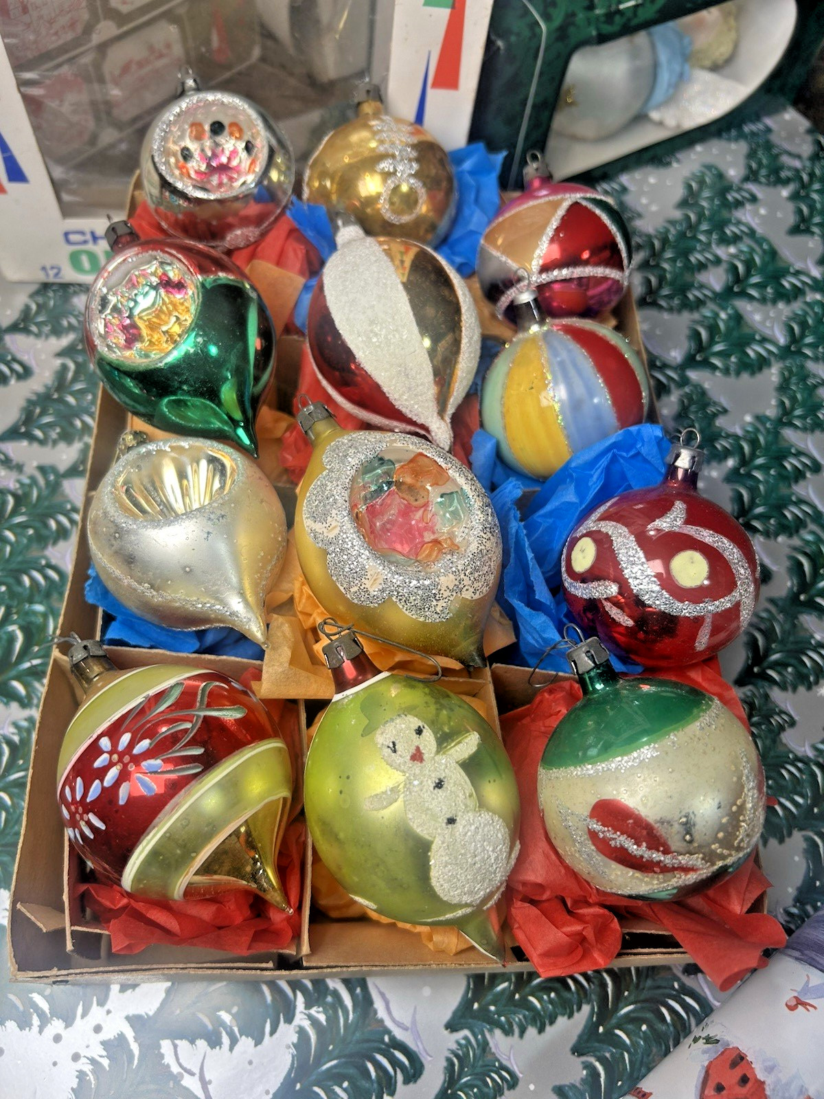 Vtg Indent Teardrop Glass Christmas Ornaments  Poland West Germany MCM Retro 12
