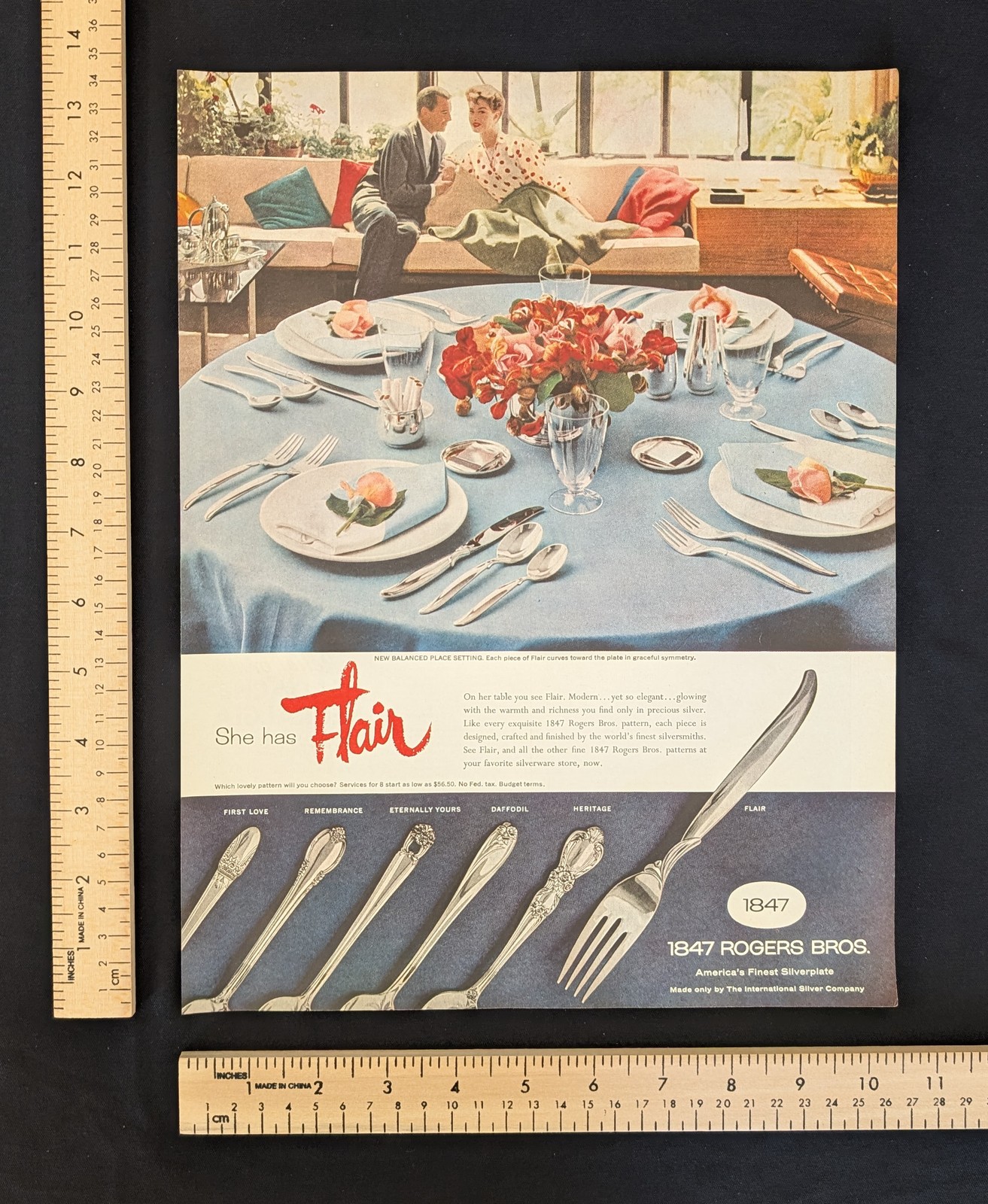 Vintage 1955 1847 Rogers Bros. Flair Silverware Color Print Ad Full Page 1950s