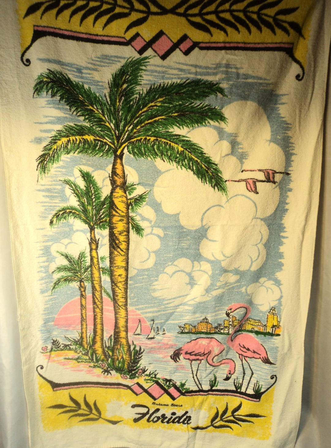 VTG Cannon Florida Souvenir Bahama Beach Towel Retro Flamingos, Palm Trees 70\'s VTG Cannon Florida Souvenir Bahama Beach Towel Retro Flamingos, Palm Trees 70\'s