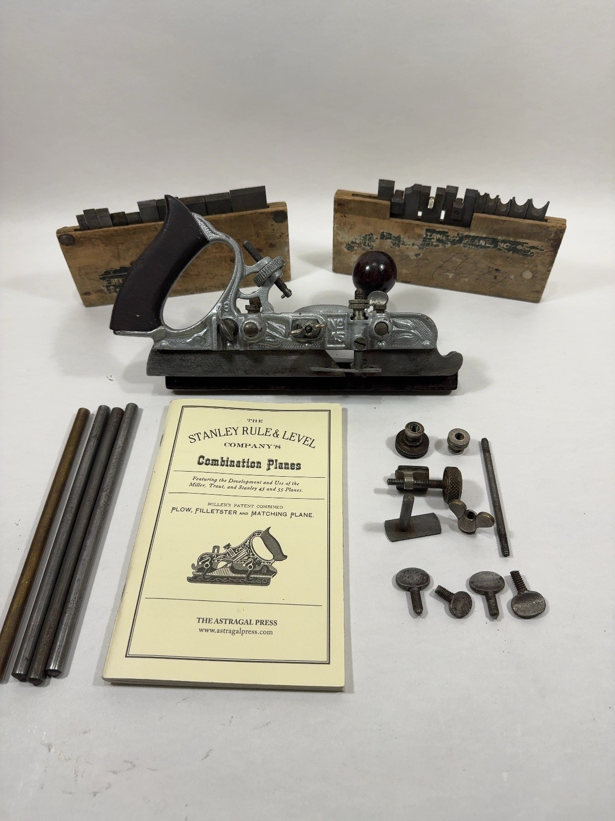 Vintage Stanley No. 45 Combination Plane w/ 19 Cutters, 2 Boxes, Rods & Manual