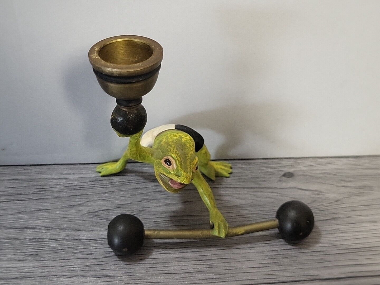 Bronze Sculpture Frog With Barbell, Candle FRANZ BERGMAN Austria Cold Painted