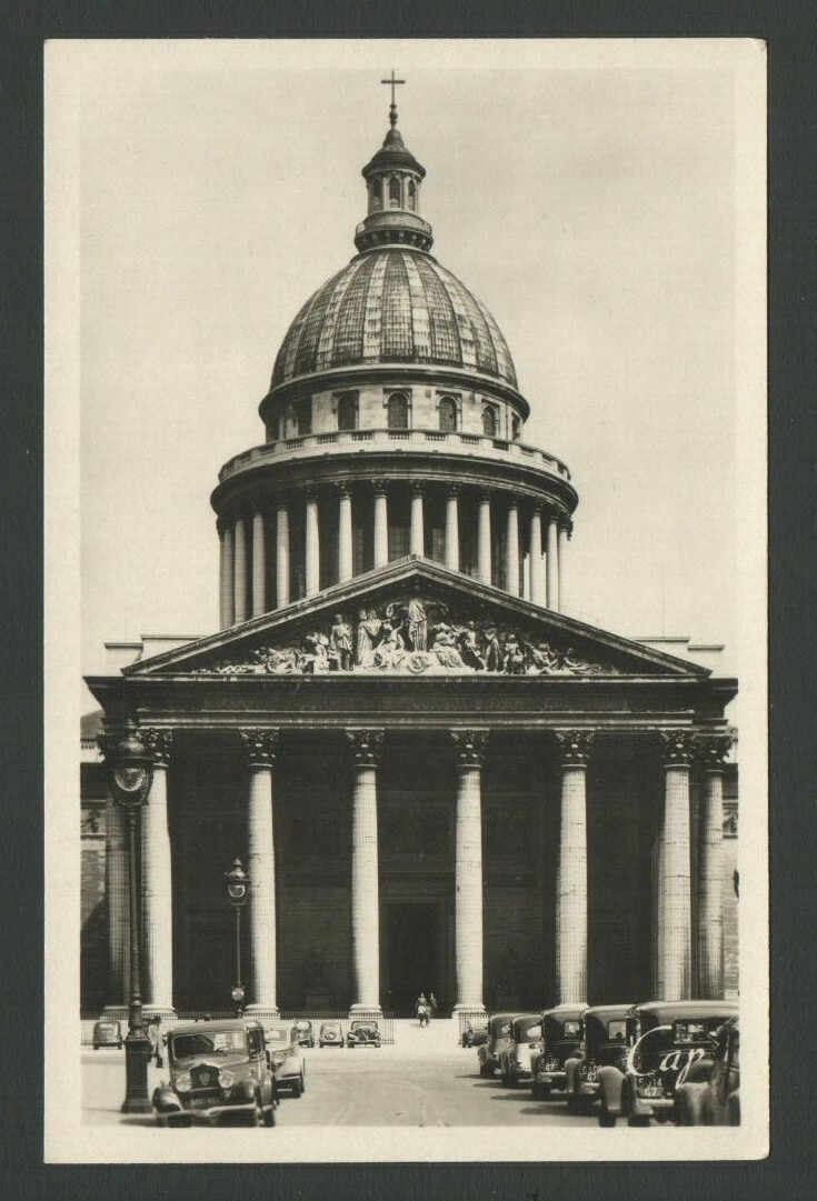 VINTAGE Real Photograph Postcard PARIS Le Pantheon Old Cars People signed CAP 