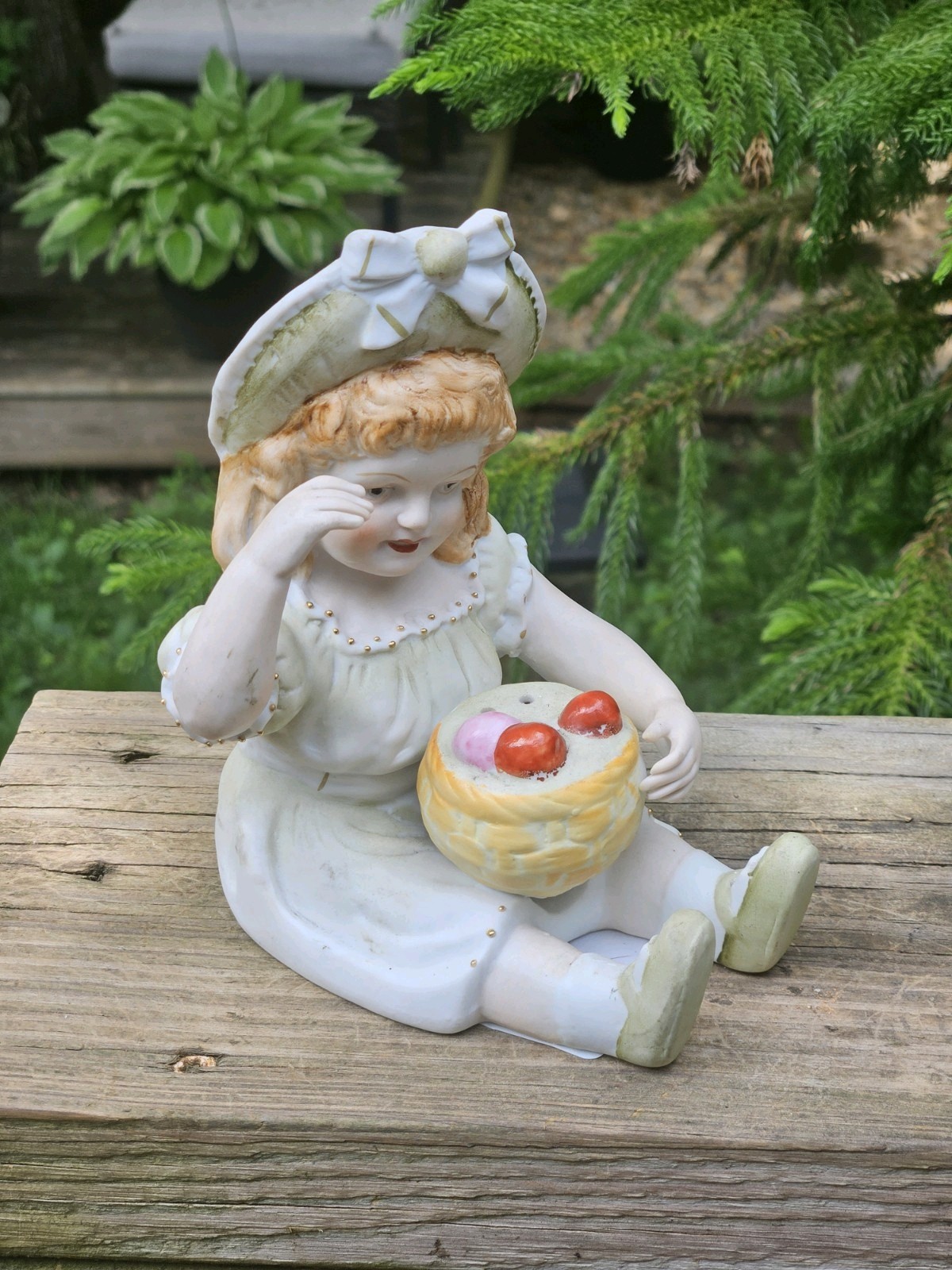 Antique German Bisque Porcelain Girl Figurine w/fruit basket 5.5\
