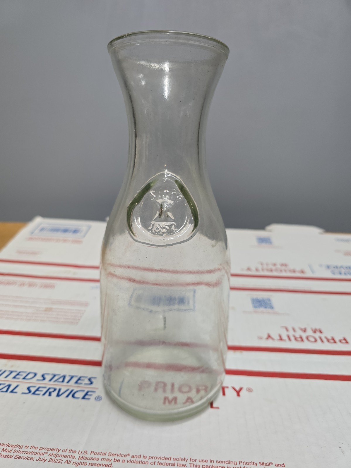 PAUL MASSON CARAFE Since 1852 Glass Milk Bottle Decanter 9 3/4”, 36 oz. Old Logo