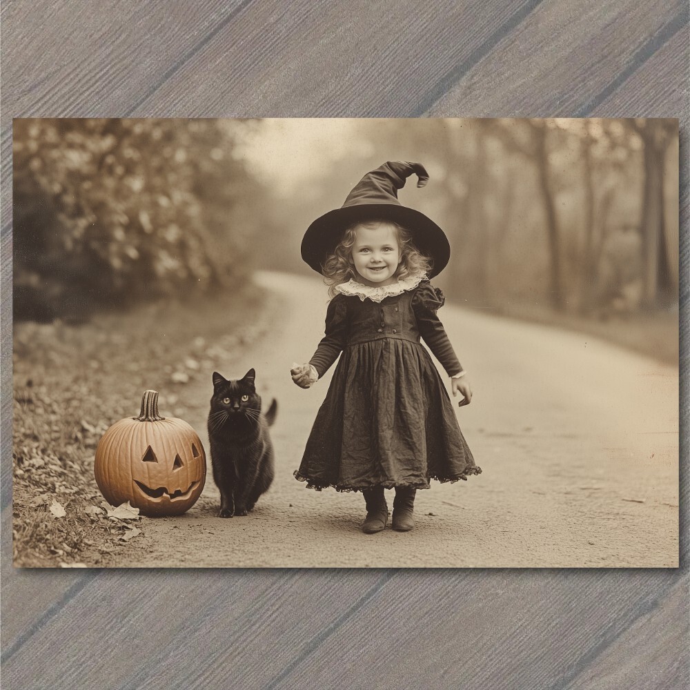 POSTCARD Cat Victorian Girl Jack-O’-Lanterns Pumpkins Halloween Vintage Style
