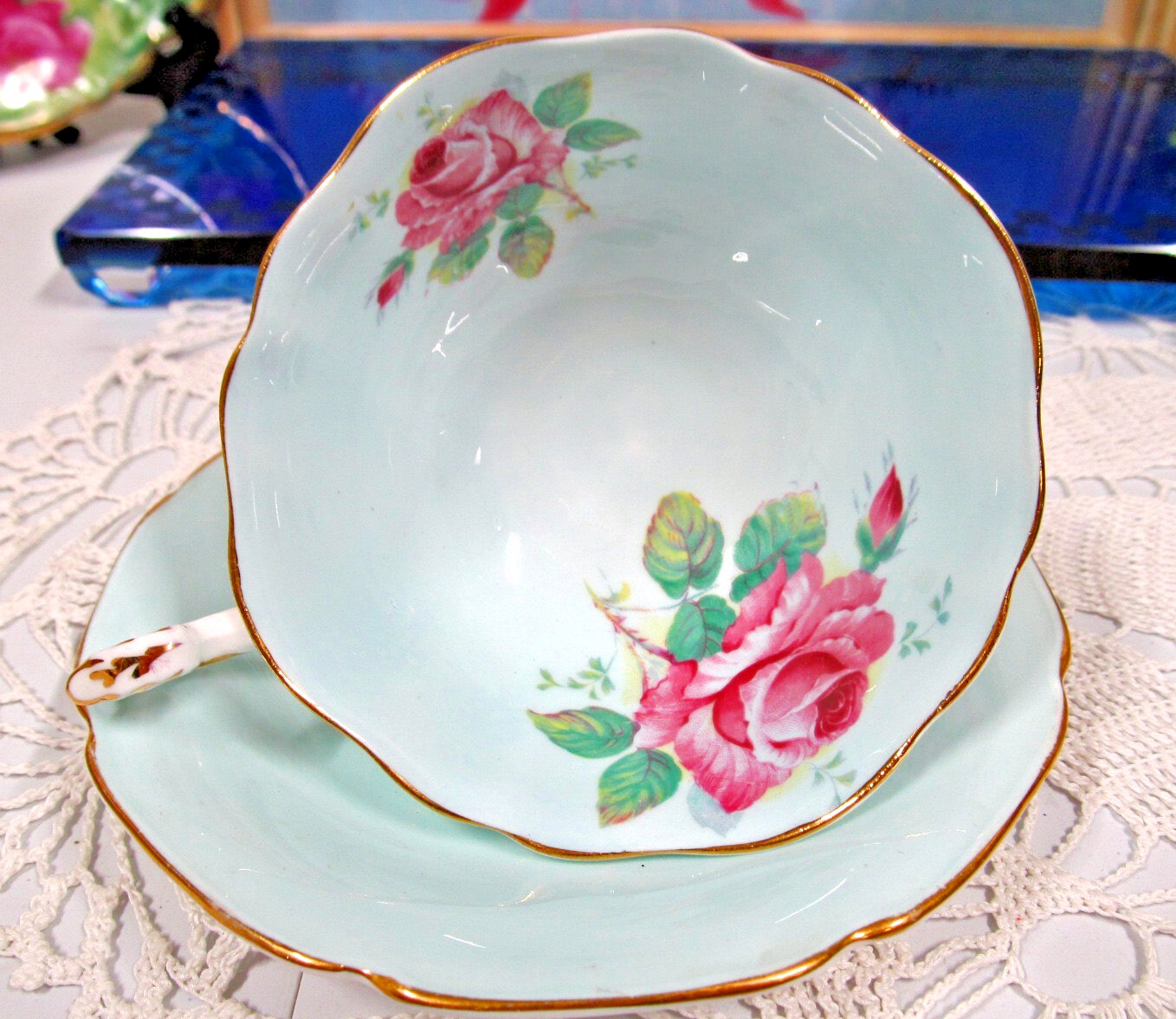 PARAGON tea cup & saucer PINK cabbage rose baby blue Marriage teacup set