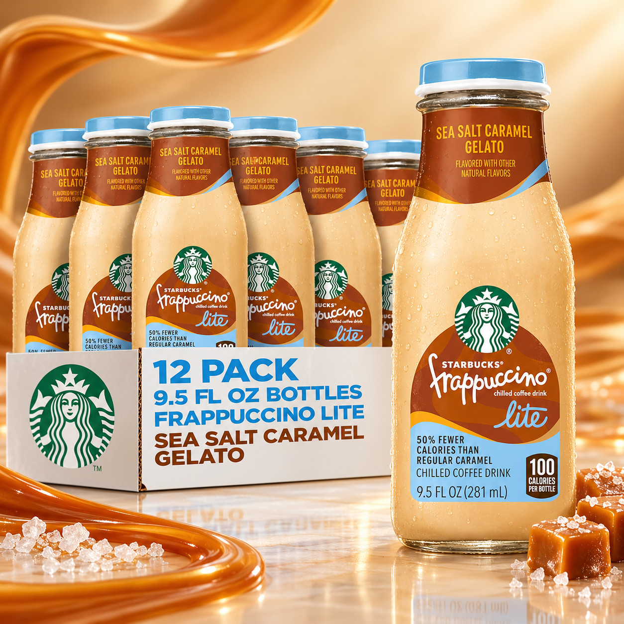 Starbucks Frappuccino Lite, Sea Salt Caramel Gelato, 9.5 Fl Oz Bottles 12 Packs