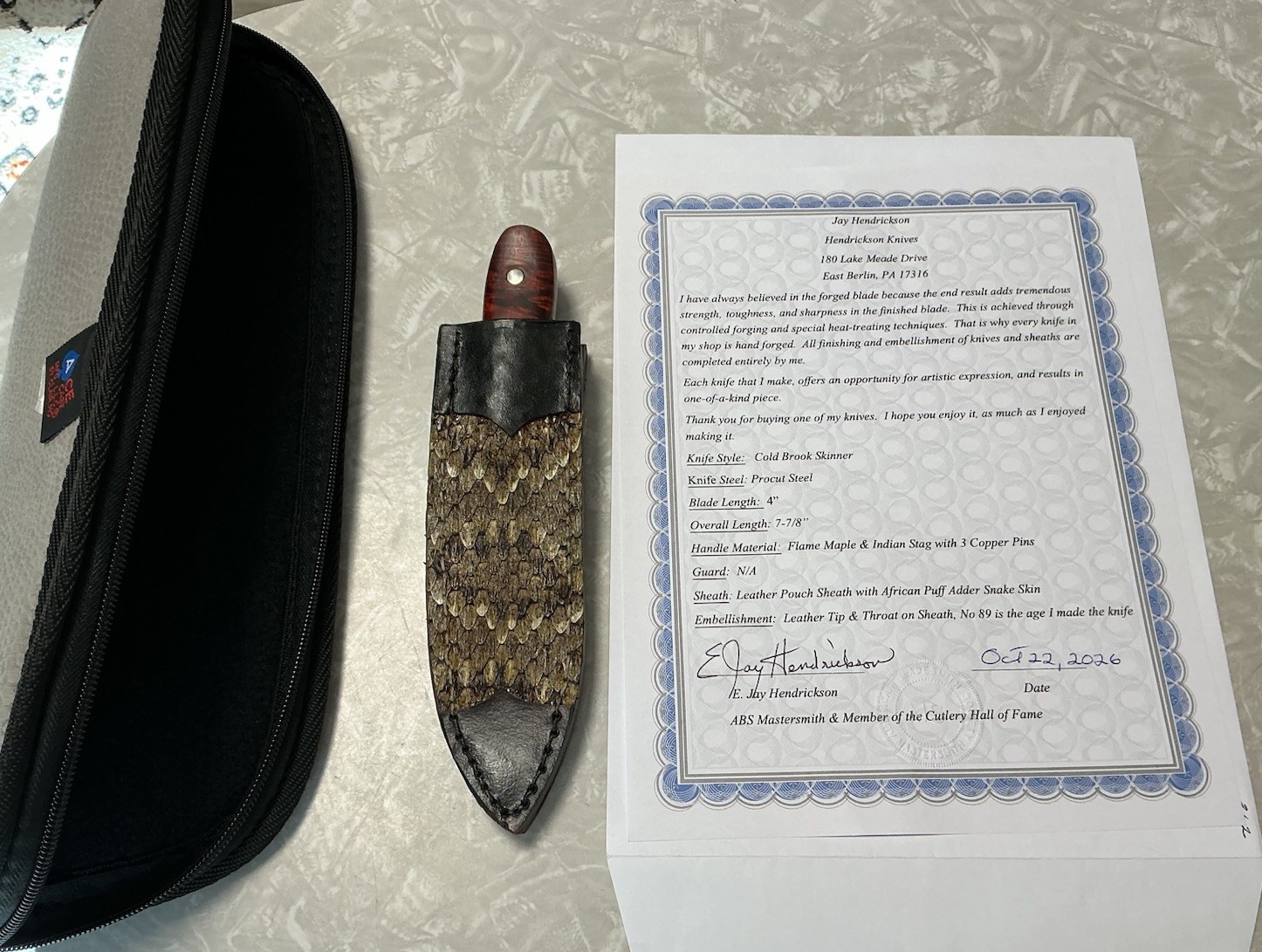 Rare Jay Hendrickson 7-7/8” Cold Brook Skinner Knife & Sheath ABS MASTERSMITH 