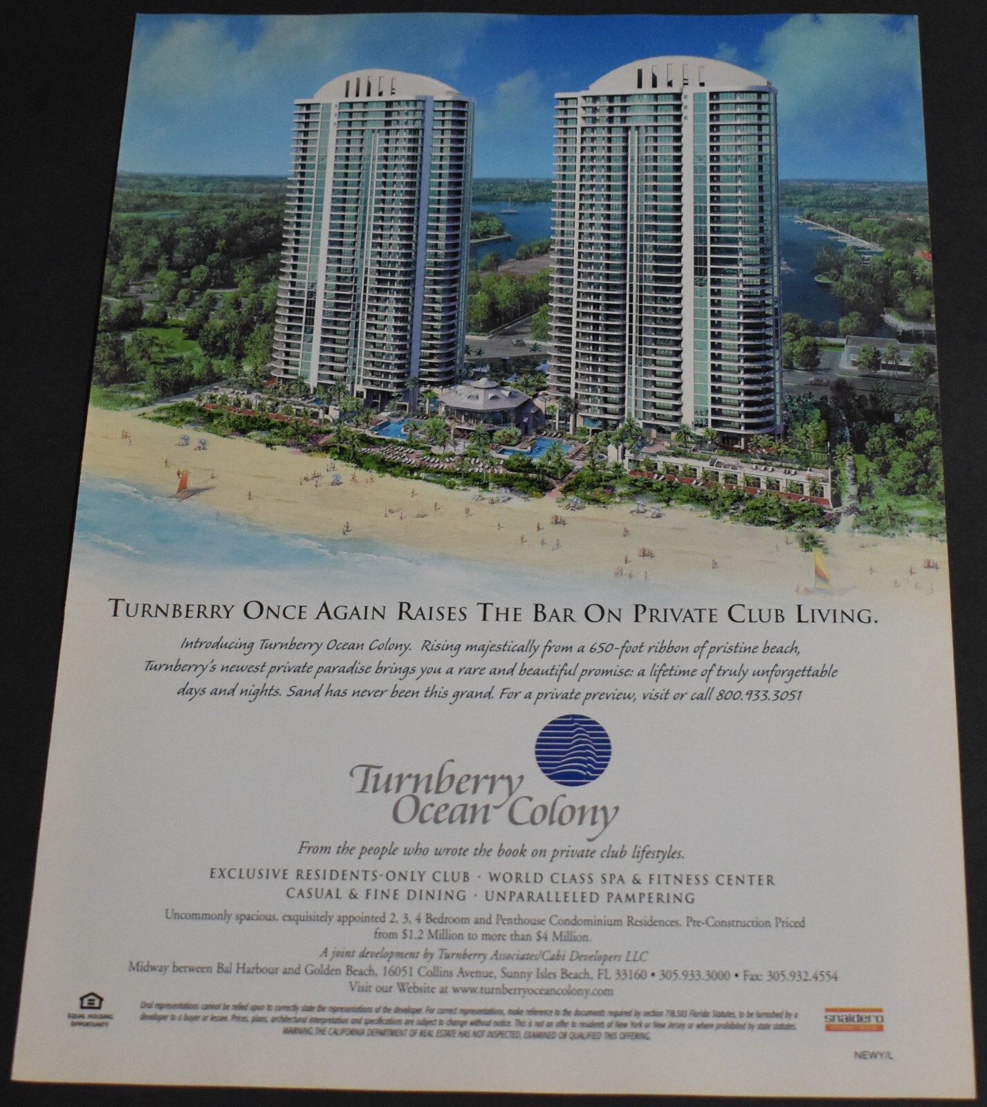 2004 Print Ad Turnberry Ocean Colony Bal Harbor Golden Beach Sunny Isla Florida