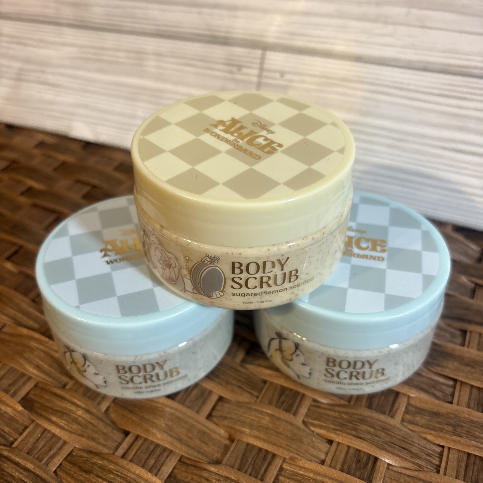 Alice In Wonderland 3 Pack Body Scrub Cheshire, Alice, White Rabbit 3.38 Oz each