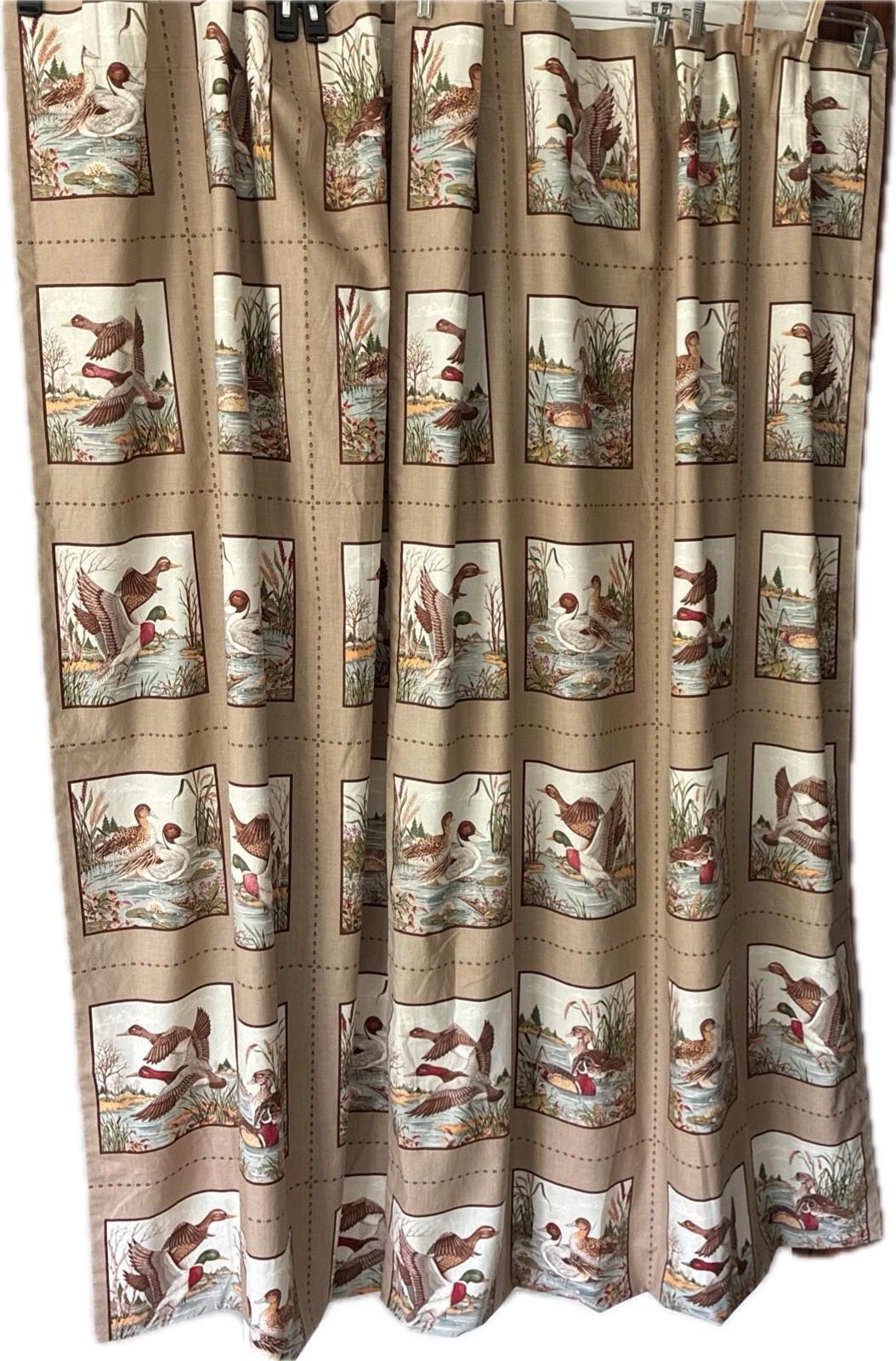 Vtg Cranston VIP Duck Fabric Pair Panel Curtains Lined 65x40 Mallard Lodge Decor