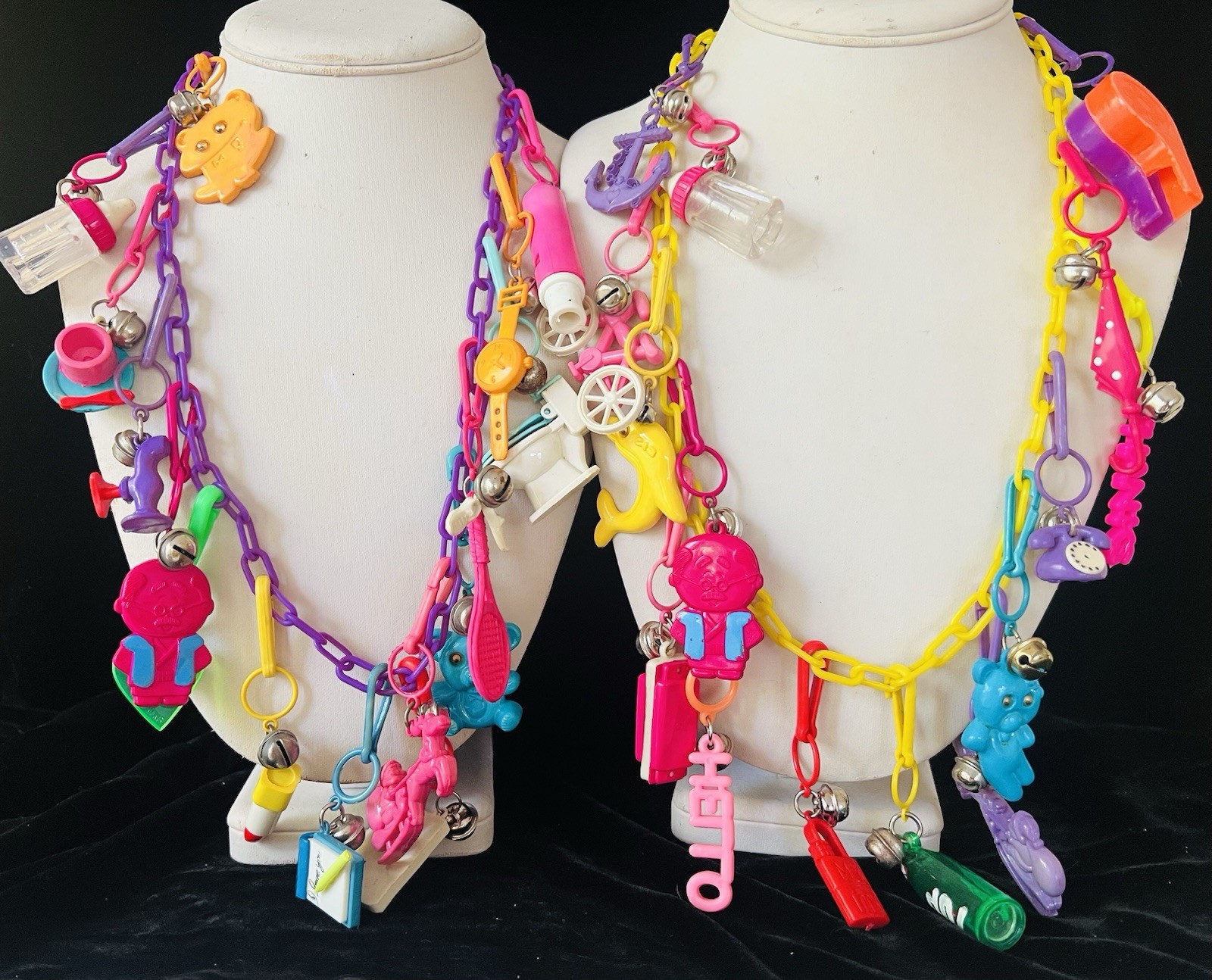 Retro 1980s Plastic Bell Clip On Vintage 80\'s Charm 2 Necklaces with 30 Charms Retro 1980s Plastic Bell Clip On Vintage 80\'s Charm 2 Necklaces with 30 Charms