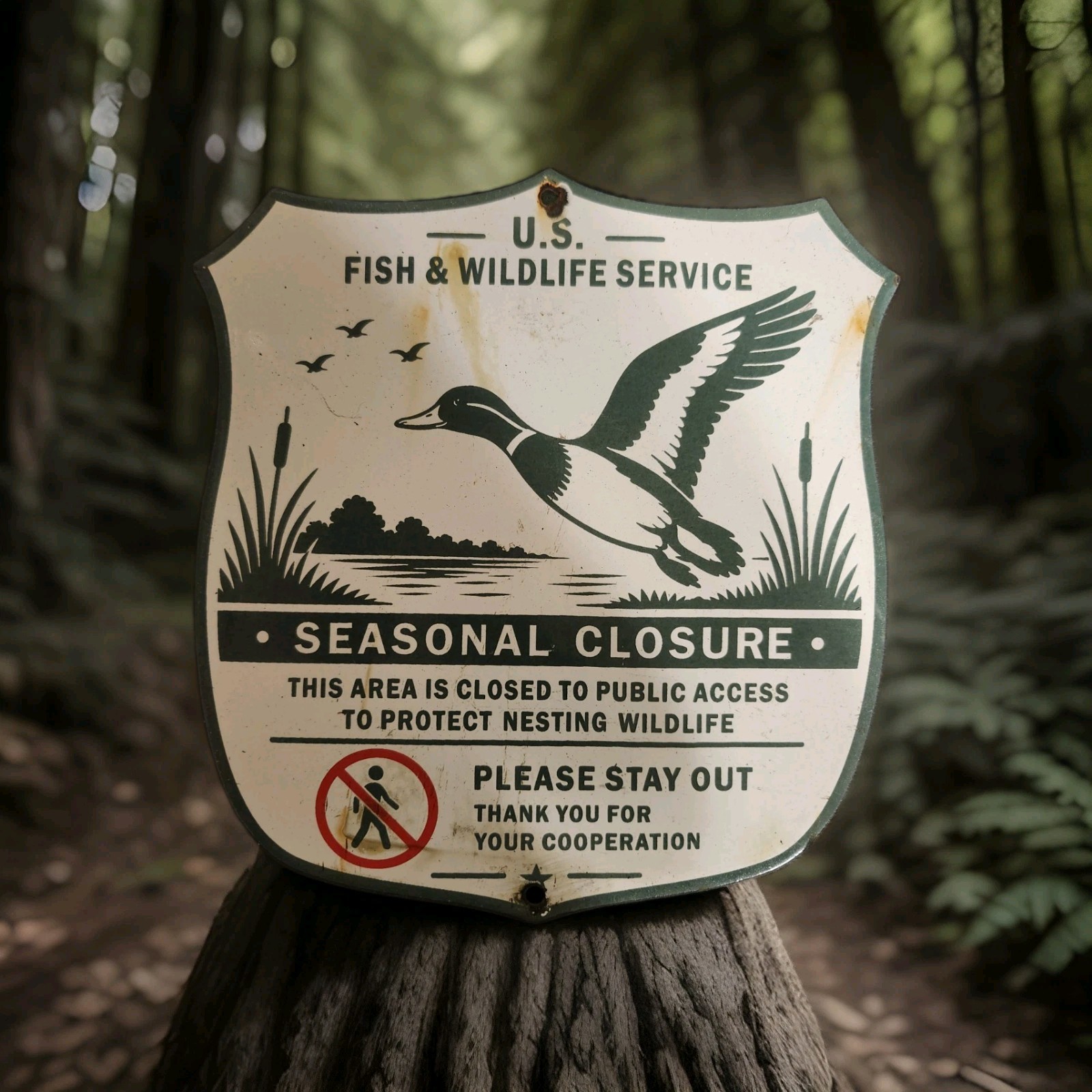 Vintage US Fish Wildlife Refuge Porcelain Sign Seasonal Closure Protect Nesting