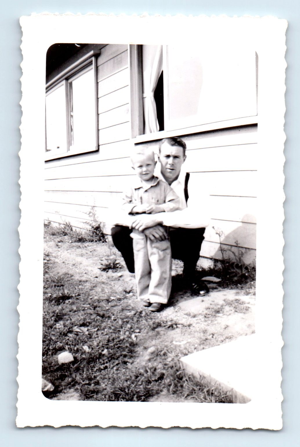 Old Vintage Photo MAN AND BOY STANDING OUTSIDE HOUSE SNAPSHOT PICTURE PIC