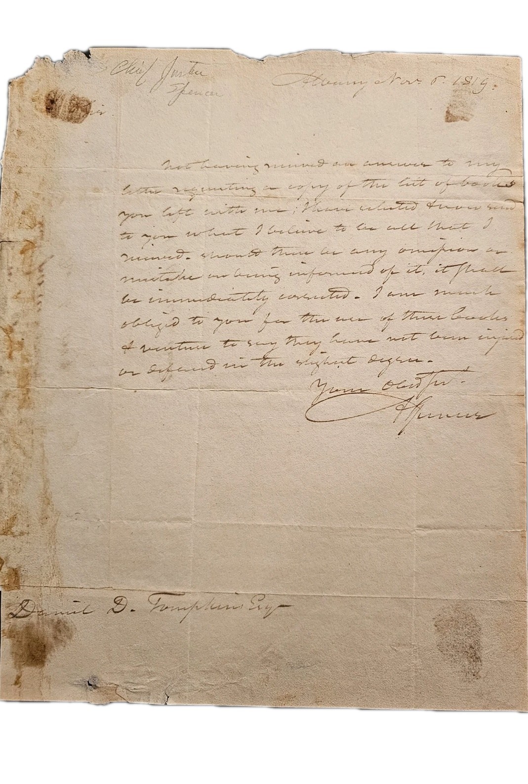 1819 Chief Justice John Spencer ALS to VP Daniel D. Tompkins re: Books