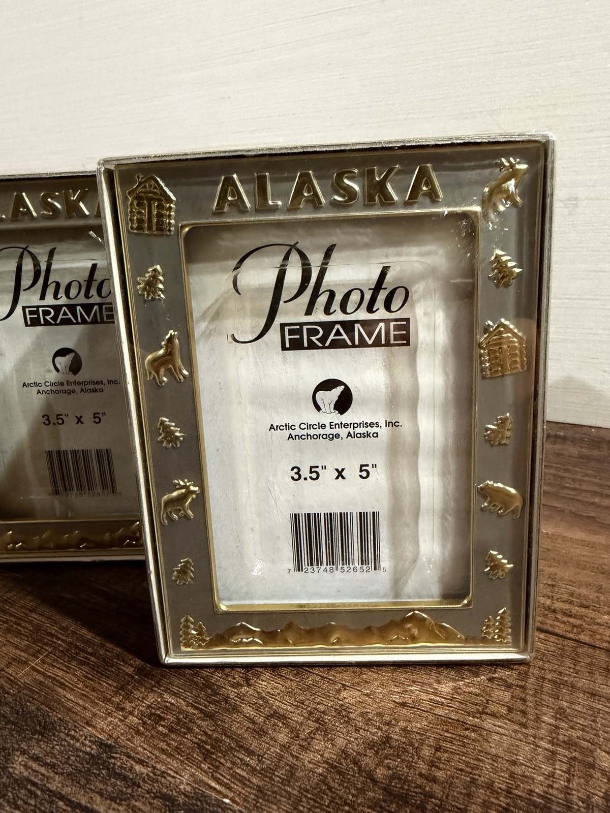 Pair Of VTG 90s Alaska Photo Frames 3.5x5 Gold Silver Moose Bear Cabin Decor NIB