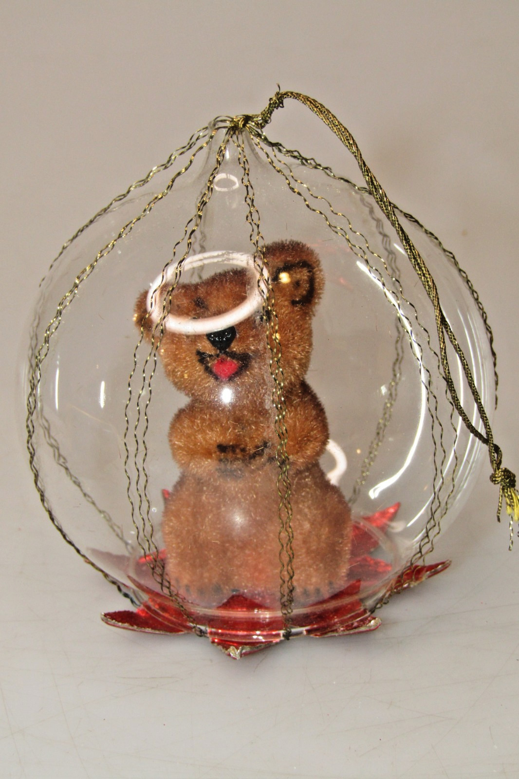Vintage Clear Glass Diorama FURRY BEAR Crinkle Wire Christmas Ornament W Germany