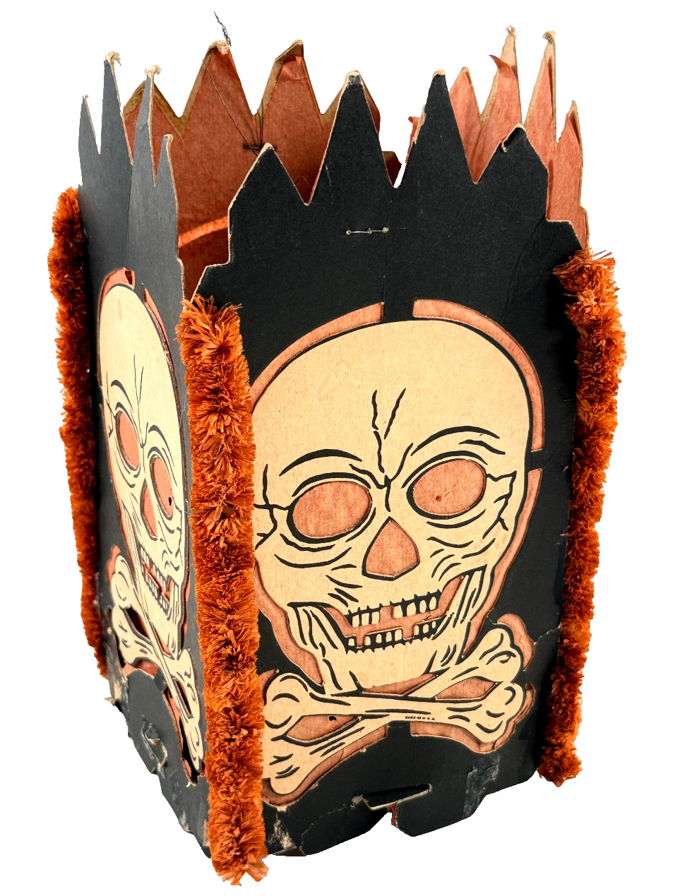 vtg 1930s Skull Skeleton Paper Lantern 4 panel Halloween