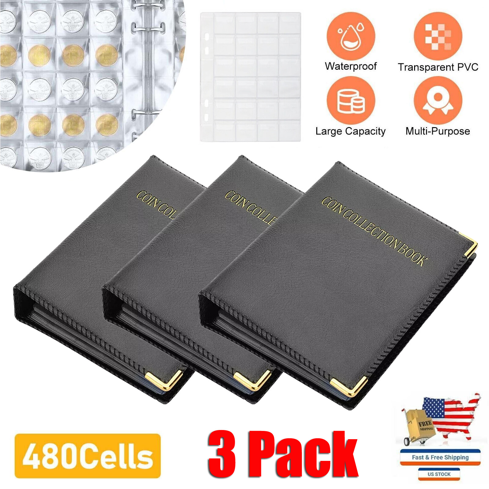 3Pcs 480 Pocket Coins Storage Book Capacity Collection Album Folder Money Holder