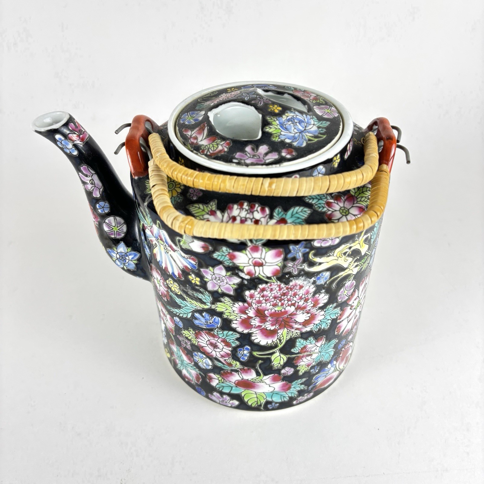 Vintage Chinese Famille Noire 9 Tea Set Millefleur Jindezhen Porcelain Floral Vintage Chinese Famille Noire 9 Tea Set Millefleur Jindezhen Porcelain Floral
