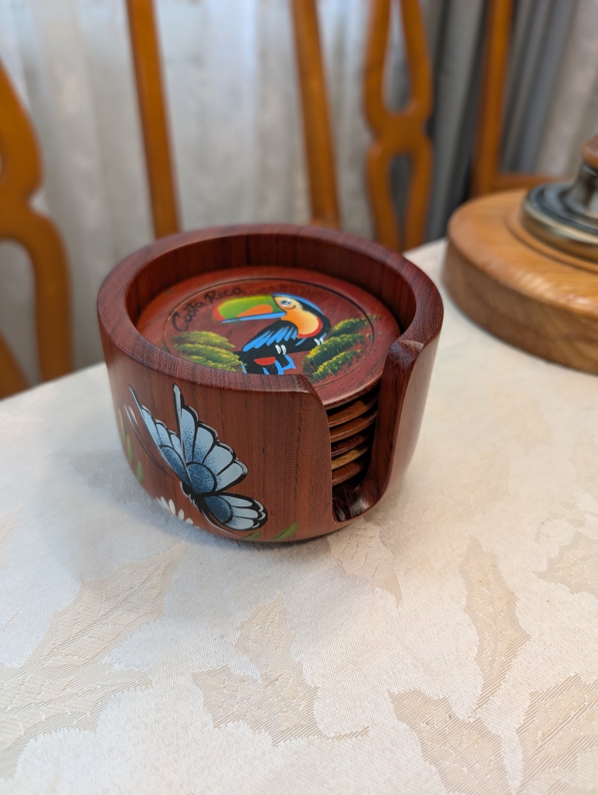 Vtg Set of 6 Costa Rica Wooden Coasters - Hand Painted - Wooden Tray Hand-Carved