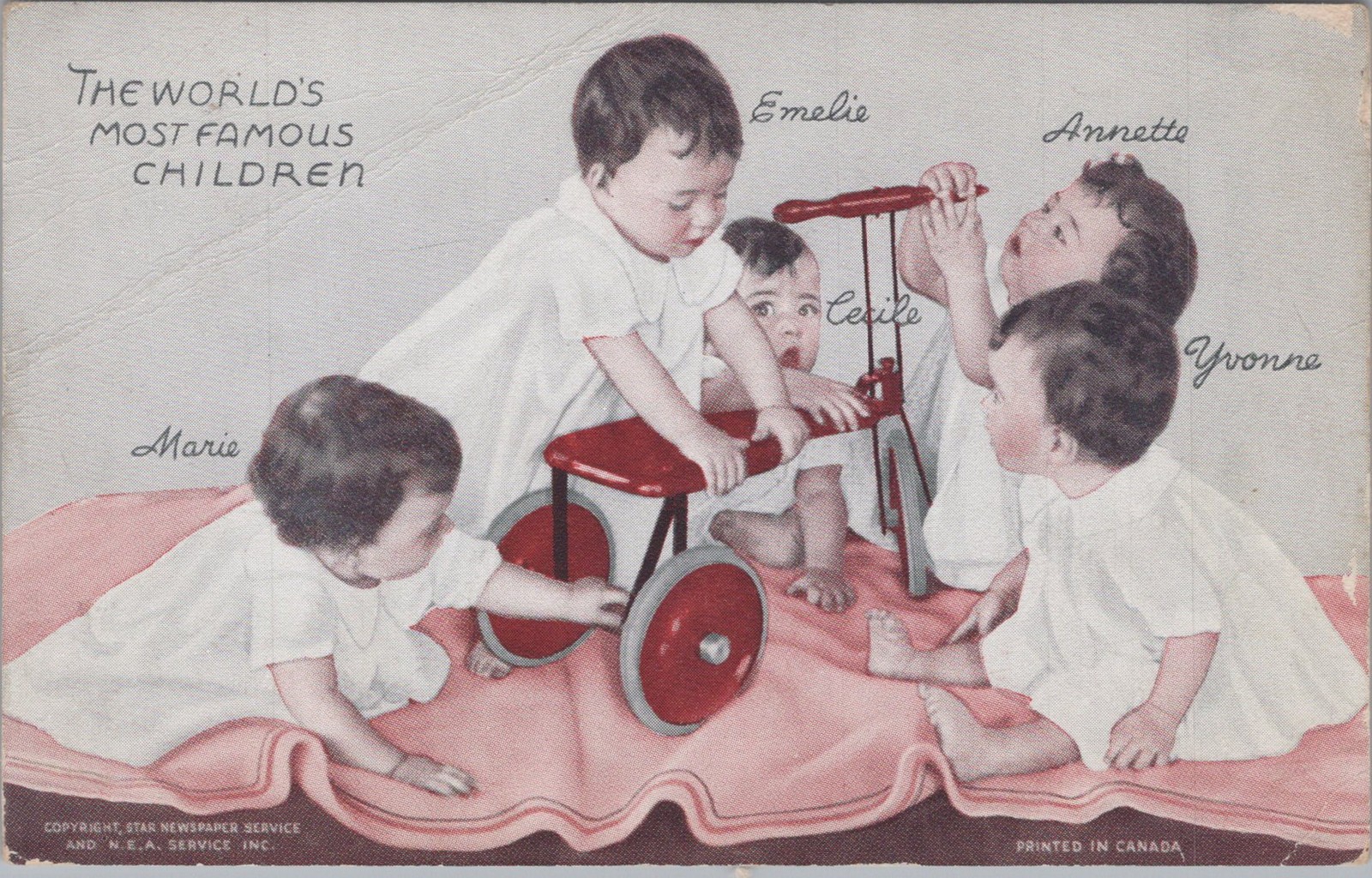 Dionne Quintuplets Worlds Most Famous Children Tricycle Toy Canada Postcard
