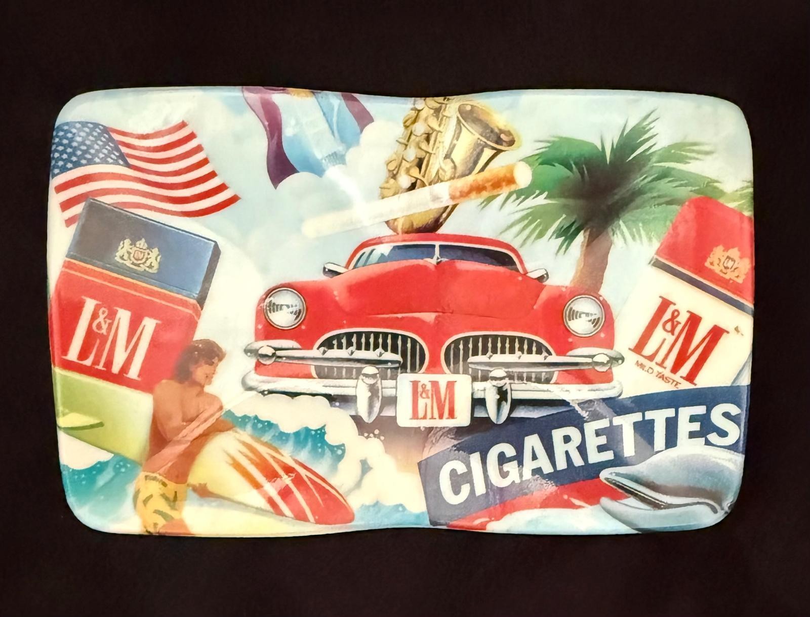 Vtg 1970s L&M Cigarettes Ceramic Ashtray Pop Art Car Surfer Promo Trinket Dish